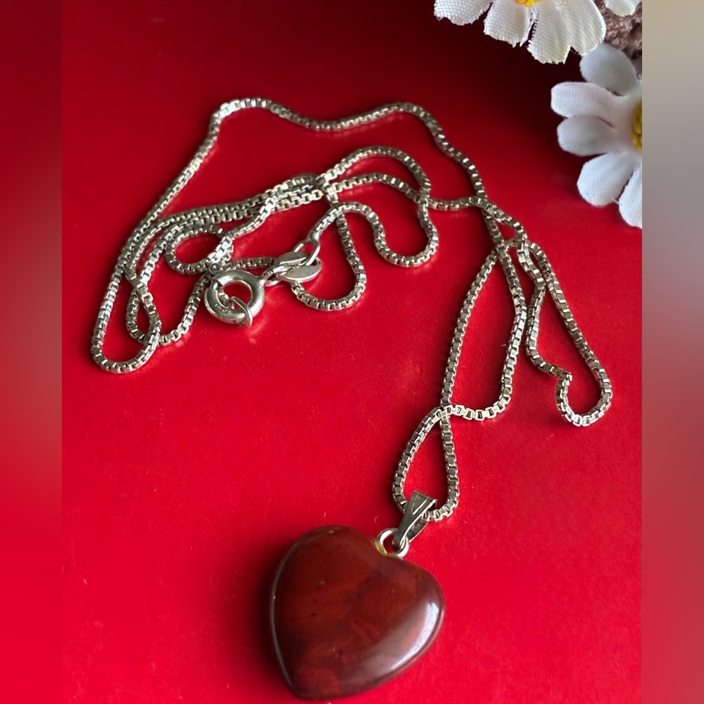 925 Silver Necklace,Silver Chain Necklace with Red Heart Pendant 18” - Picture 2 of 6